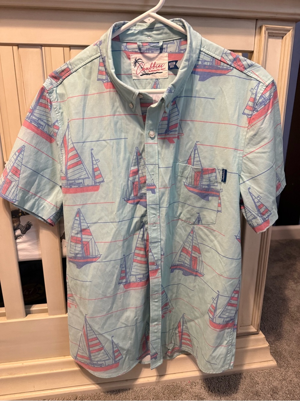 Light Blue Short-Sleeve Button-Up Shirt with Sailboat Print